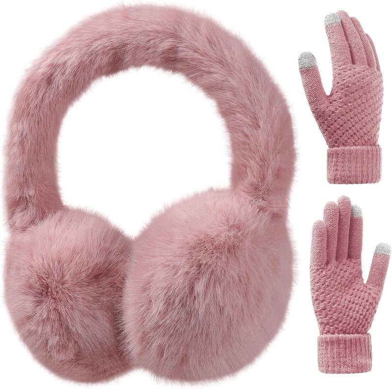 KDVOG Store Women Winter Ear Muffs Gloves Set Girls Fluffy Earmuffs Cold Weather Faux Fur Ear Warmers Touch Screen Gloves - Image 1